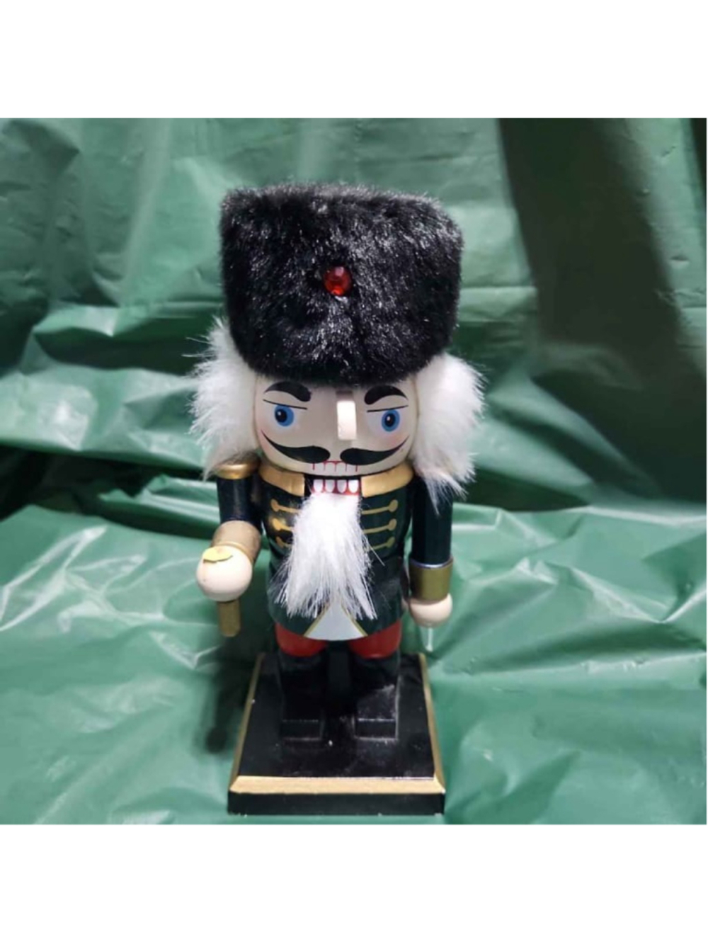 15" Wooden Nutcracker Soldier - Green Uniform, Fur Hat